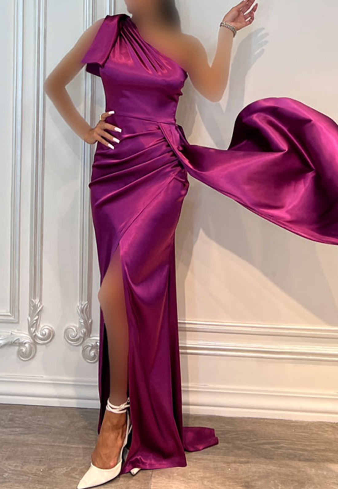 One Shoulder Sleeveless Sleek Satin Pleated Sheath Formal Dress