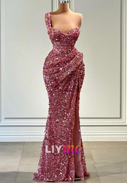 One Shoulder Sleeves Baeded Emboridery Evening Dress Sparkly Prom Dress