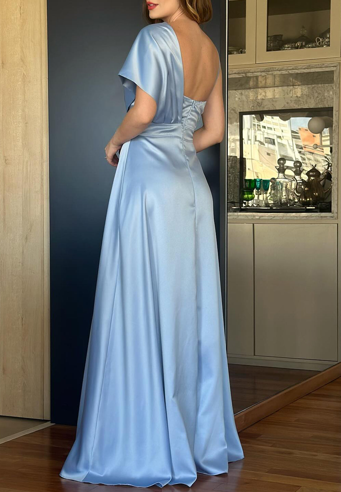 One Shoulder Spaghetti Straps 3D Floral Sleek A-Line Mother of Bride Dresss