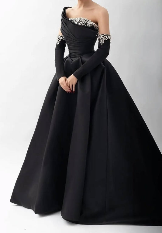 One Shoulder Strapless Beaded Pleated A-Line Evening  Dress