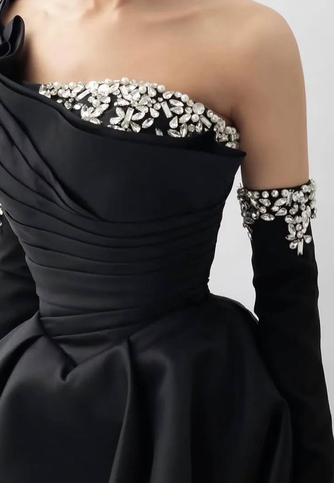 One Shoulder Strapless Beaded Pleated A-Line Evening Dress