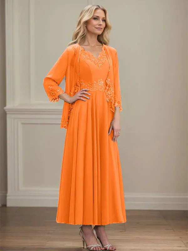 A-line V-Neck Ankle-Length Chiffon Mother of the Bride Dress With Sequins Appliques Lace Beading