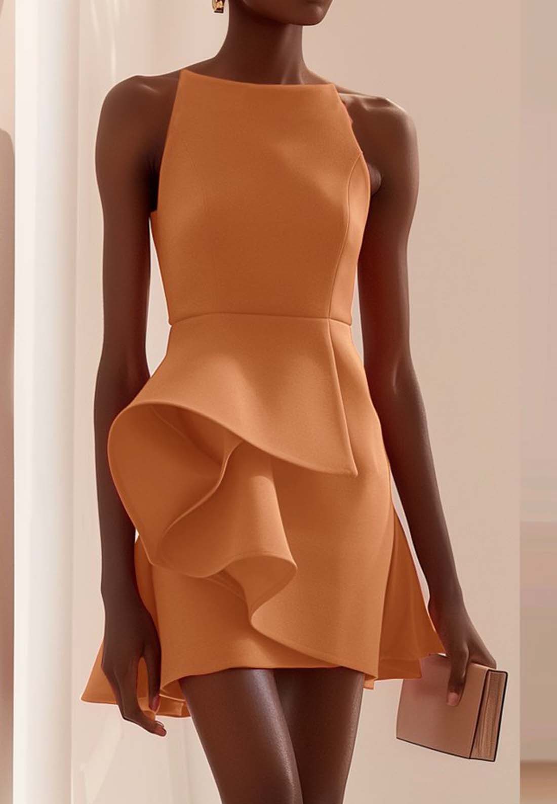 Orange Ruched Sleeveless A-Line Mini Dress
