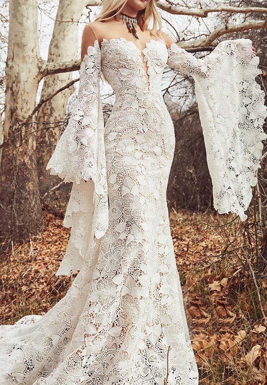 Sweetheart Strapless Long Sleeves Appliques Mermaid Wedding Dress