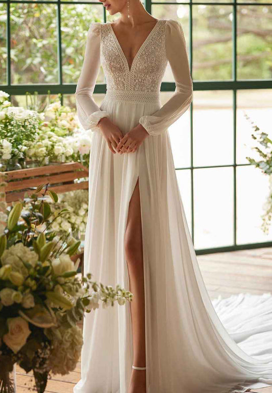 V-Neck Long Sleeves Appliques A-Line Boho Wedding Dress