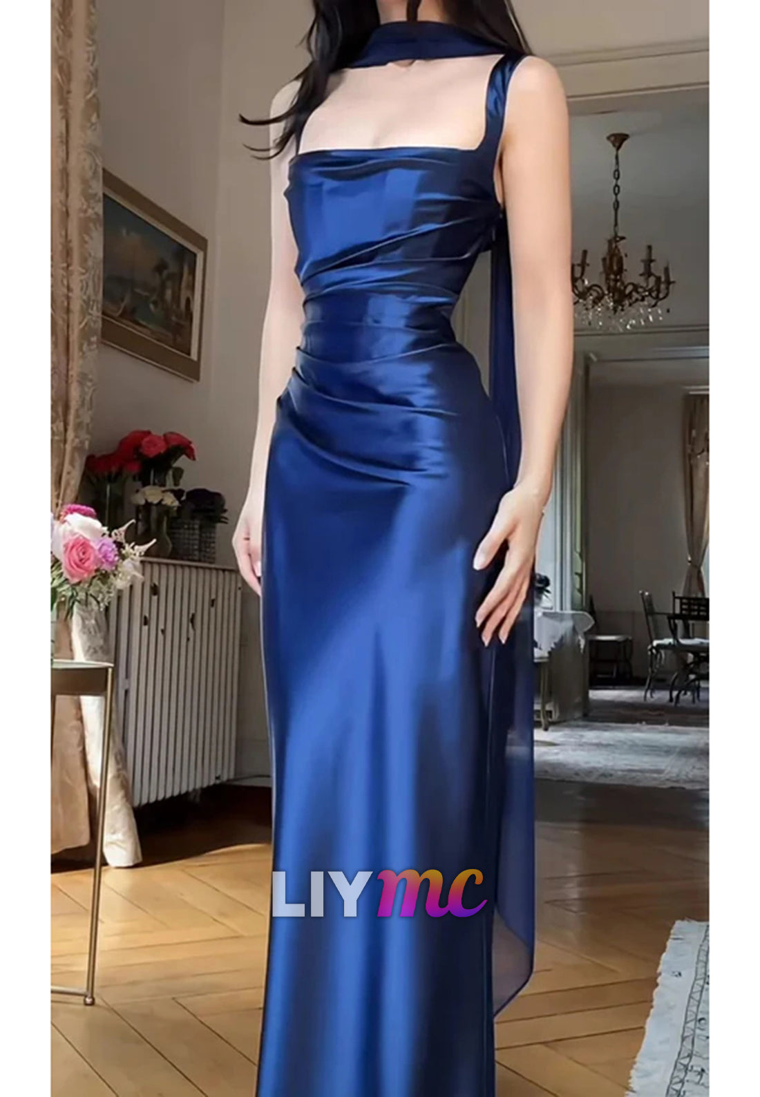 Fashion Blue Satin Pleated Sheath Long Party Dress Formal Wedding Guest Dress