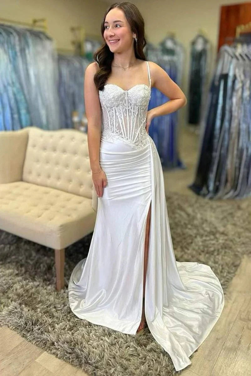 LP2217 - Sweetheart Sleeveless Appliques Sheer Ruched High Slit Prom Dress