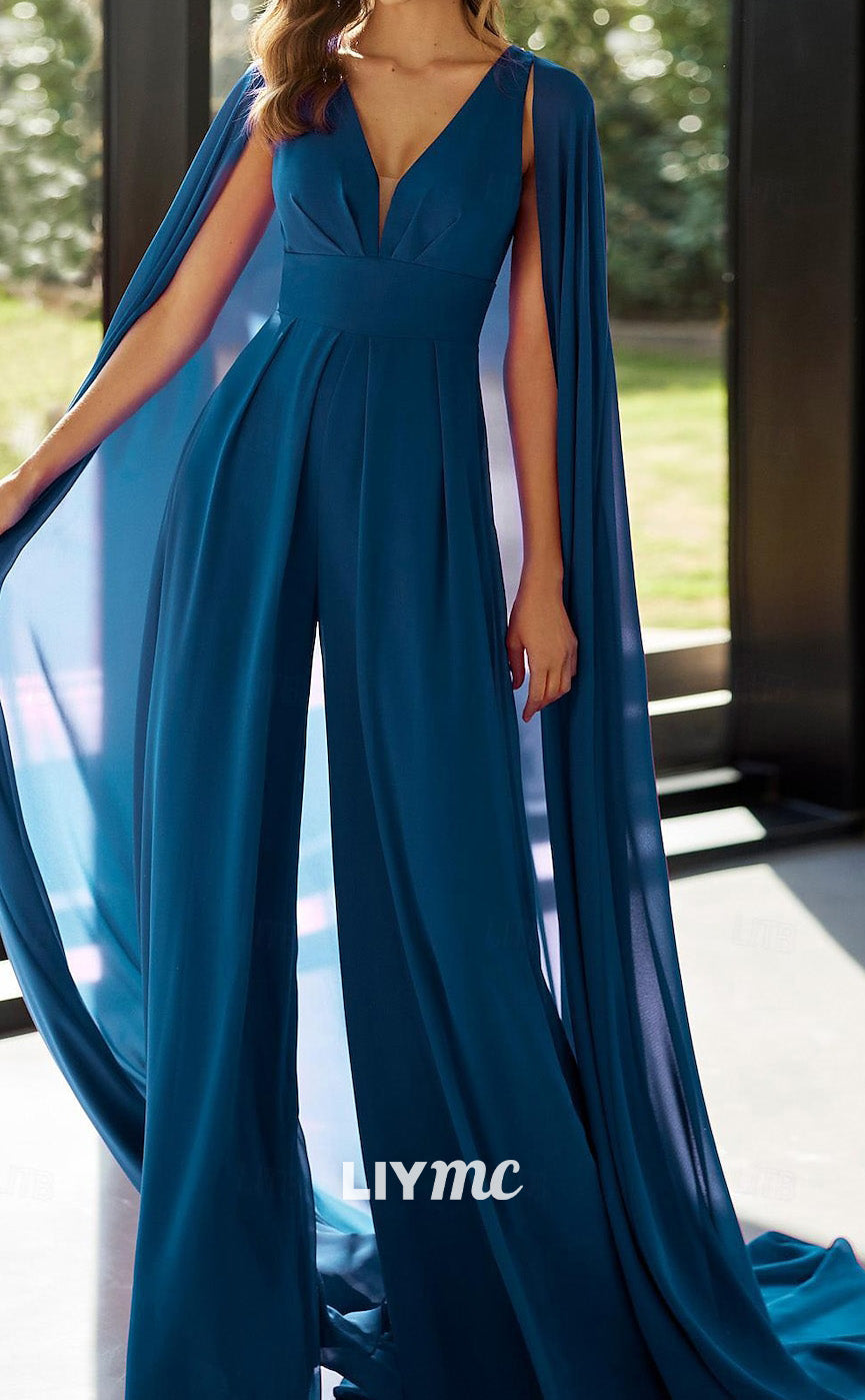 M1039 - Pantsuit Formal Wedding Guest Elegant V Neck Floor Length Detachable Chiffon Sleeveless with Pleats