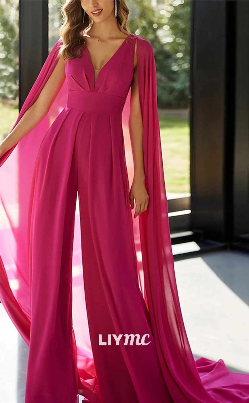 M1039 - Pantsuit Formal Wedding Guest Elegant V Neck Floor Length Detachable Chiffon Sleeveless with Pleats