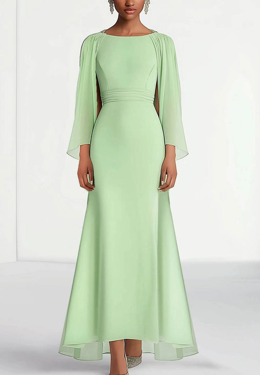 Wedding Guest Prom Dress Chiffon Round Neck Cape Maxi Dress