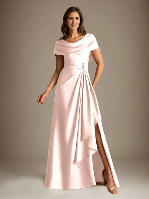 A-Line Scoop Floor-Length Stretch Satin Mother of the Bride Dress With Cascading Ruffles