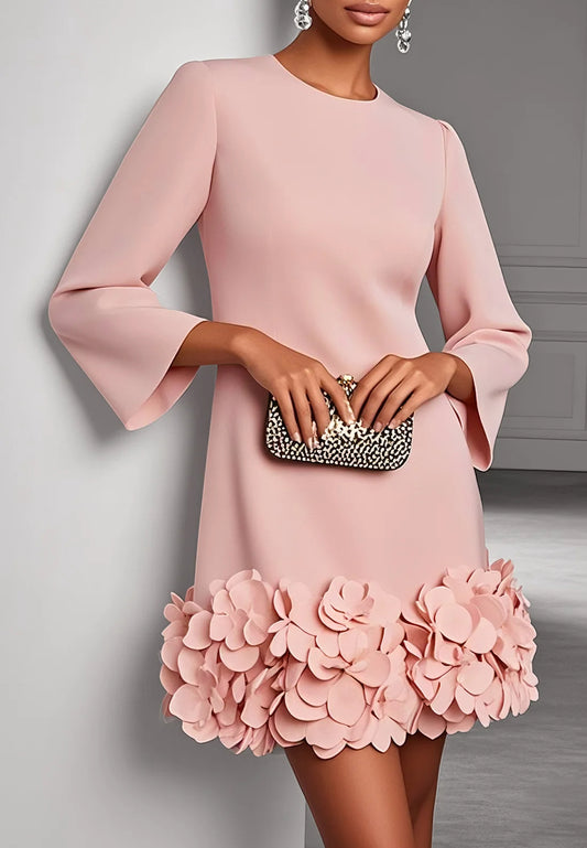 Pink 3D Floral Classic Crew Neck Bell Long Sleeve Shift Mini Dress