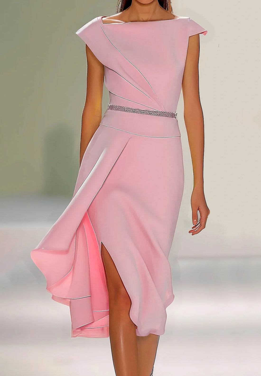 Pink Asymmetrical Neck Cap Sleeve Rhinestone A-Line Midi Dress