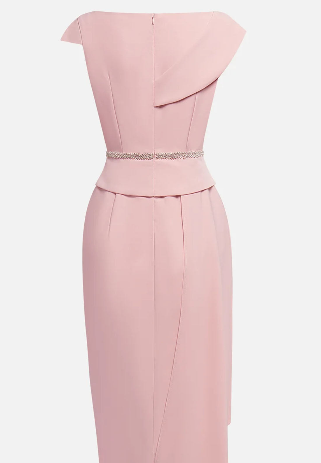 Pink Asymmetrical Neck Cap Sleeve Rhinestone A-Line Midi Dress