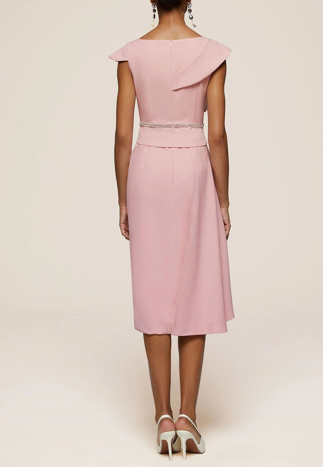 Pink Asymmetrical Neck Cap Sleeve Rhinestone A-Line Midi Dress