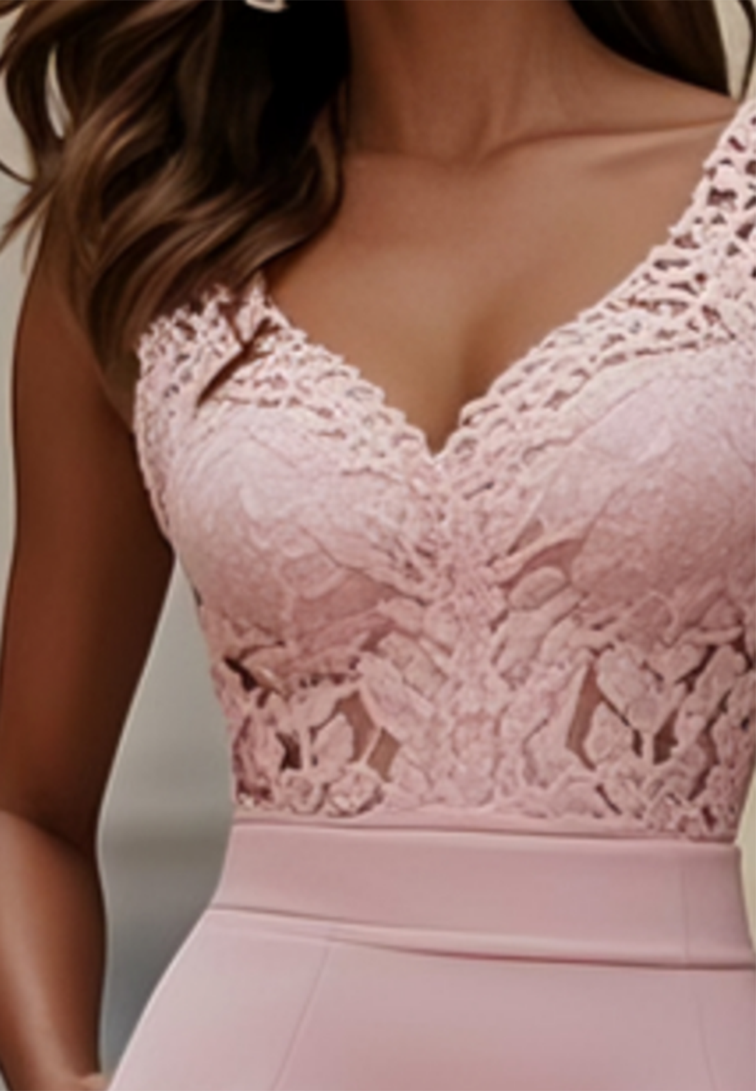 Pink Lace Hotfix Embellished Classic V Neck Sleeveless Sheath Midi Dress