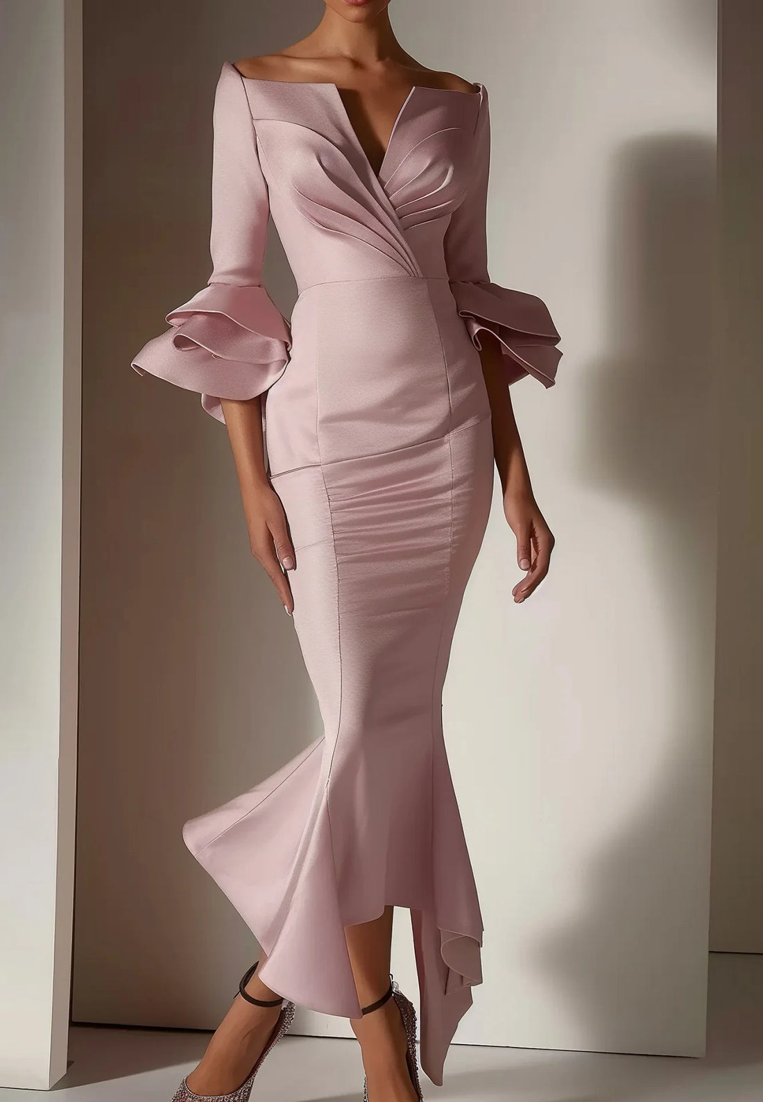 Pink Ruffled Bell Sleeves V Neck Mermaid Maxi Dress