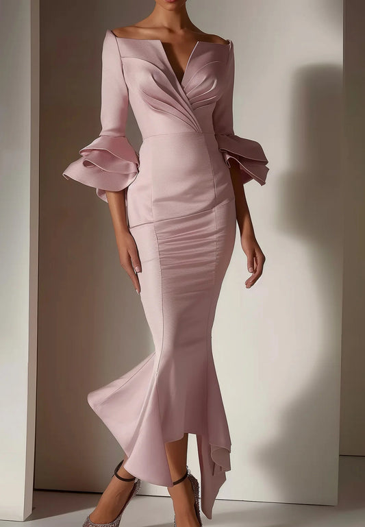 Pink Ruffled Bell Sleeves V Neck Mermaid Maxi Dress