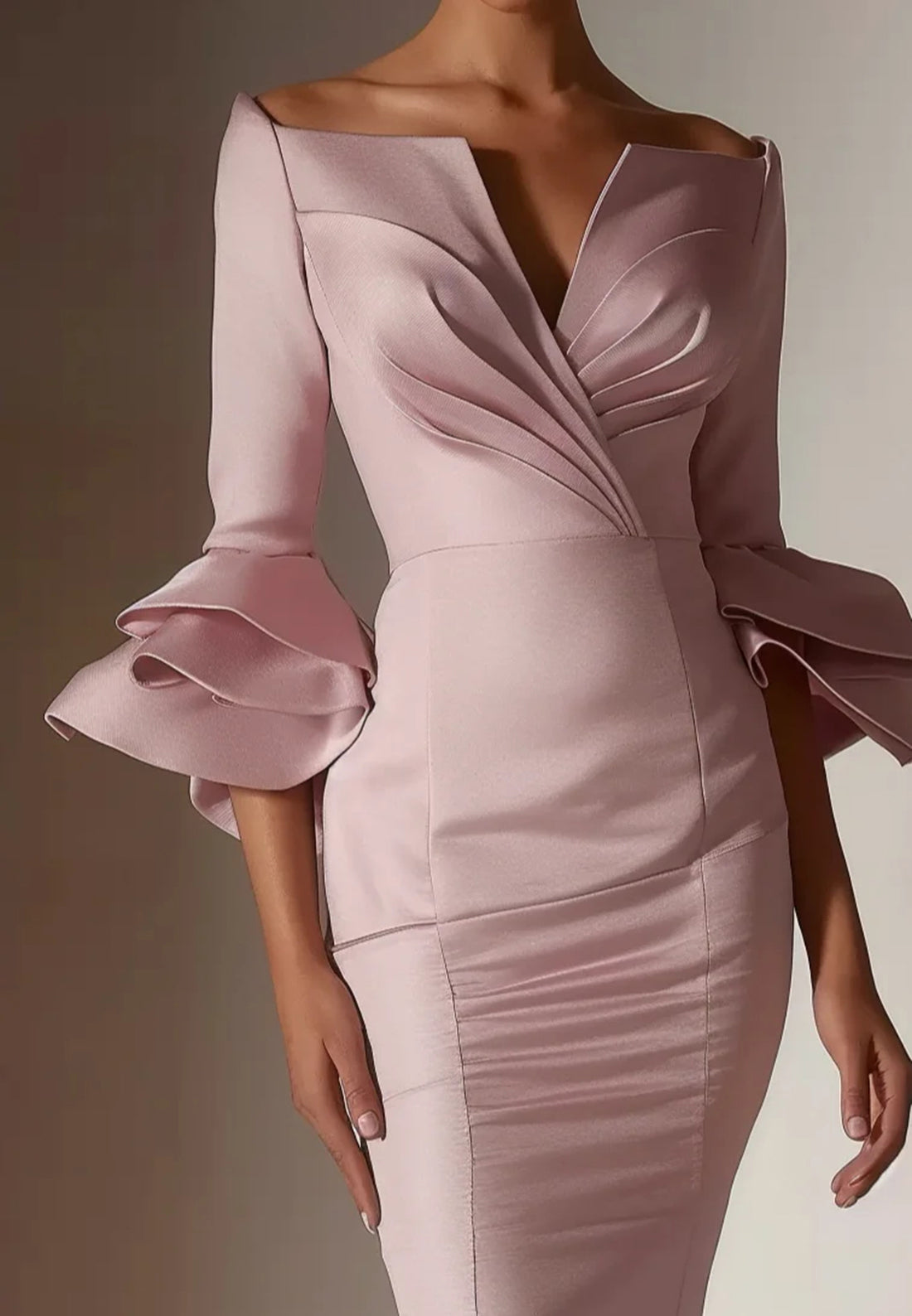 Pink Ruffled Bell Sleeves V Neck Mermaid Maxi Dress