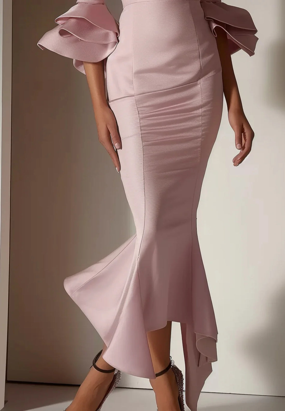 Pink Ruffled Bell Sleeves V Neck Mermaid Maxi Dress