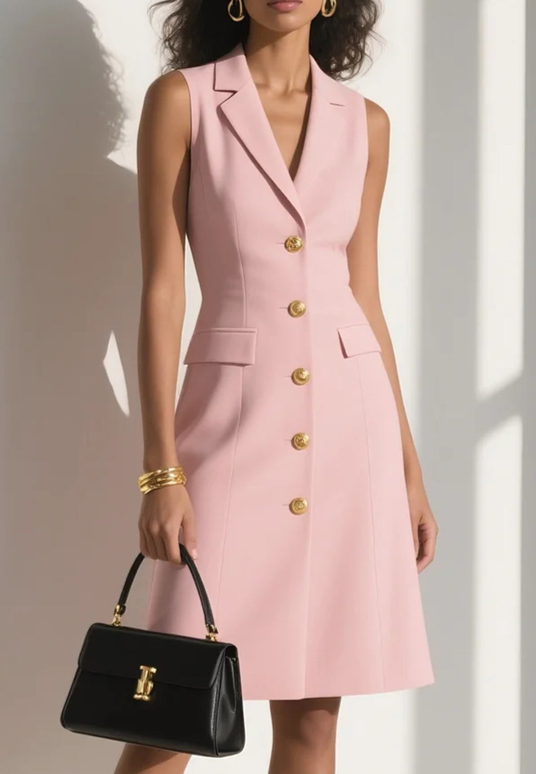 Pink Shawl Collar Sleeveless A-Line Midi Blazer Dress