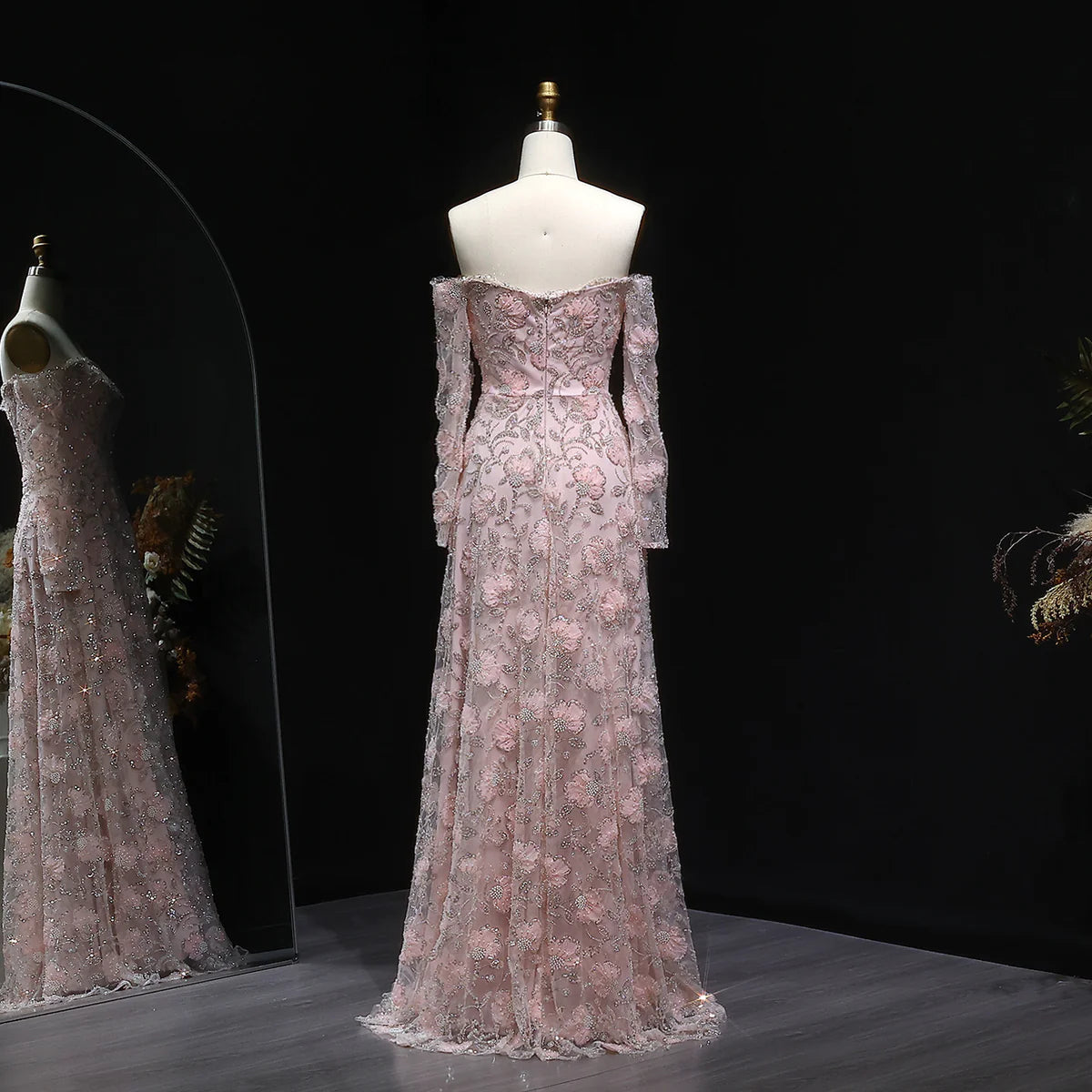 Luxury Pink Beaded Embroidered Long Sleeve Evening Dress