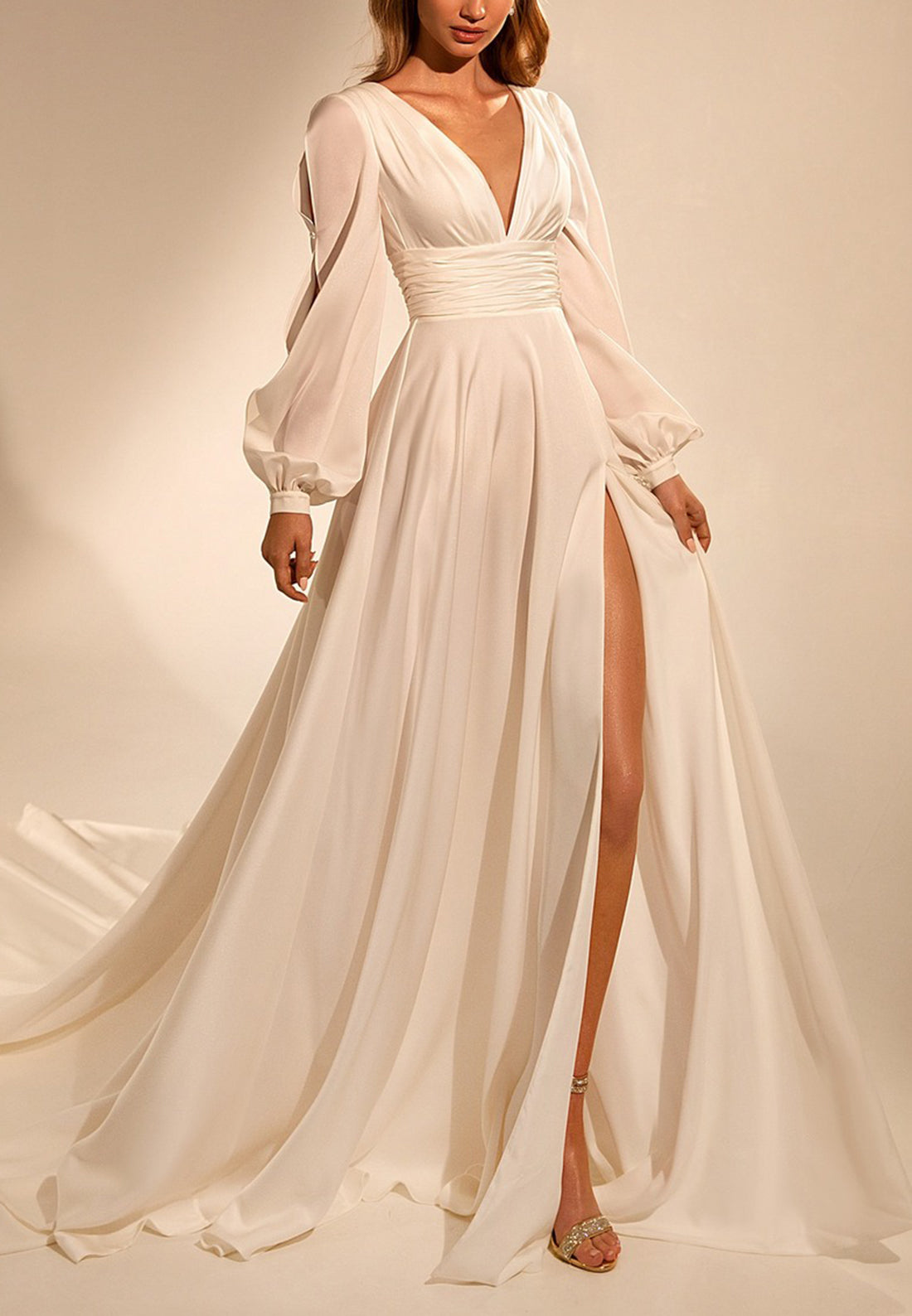 V-Neck Long Sleeves Pleated High Slit A-Line Beach Wedding Dress