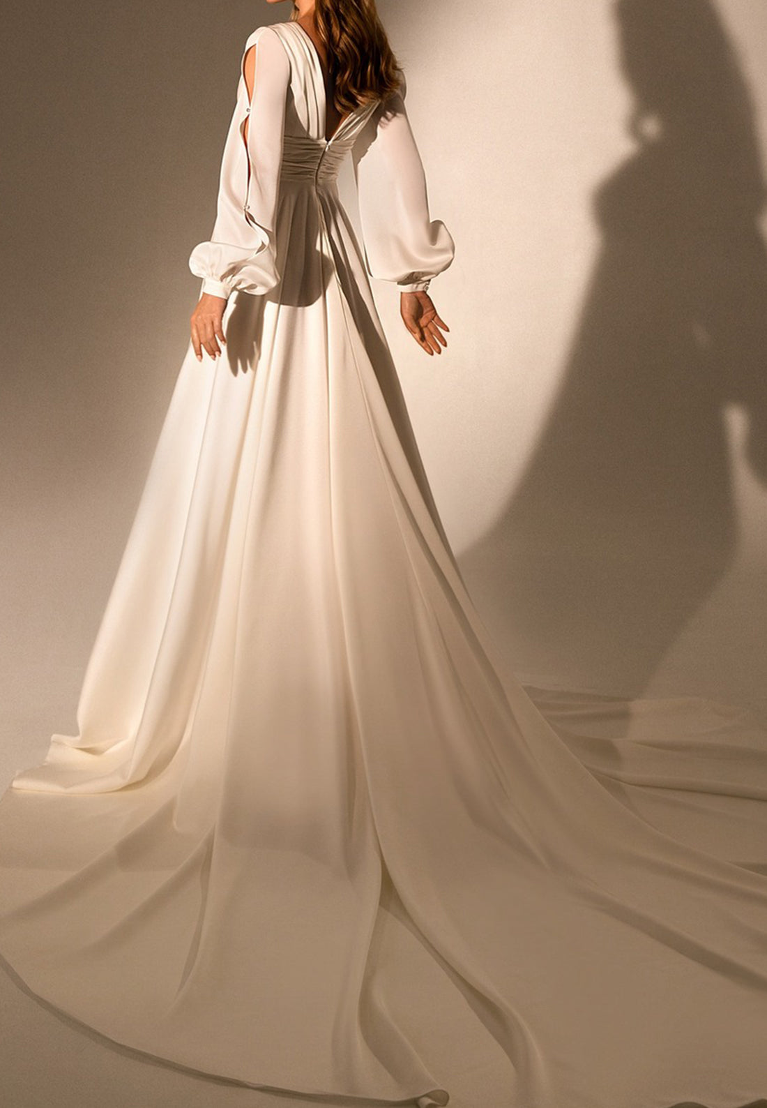 V-Neck Long Sleeves Pleated High Slit A-Line Beach Wedding Dress