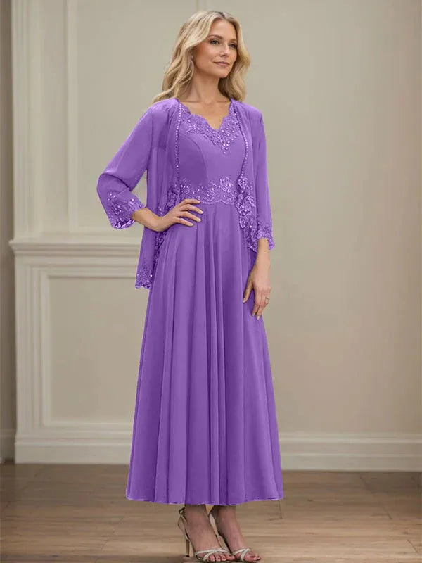 A-line V-Neck Ankle-Length Chiffon Mother of the Bride Dress With Sequins Appliques Lace Beading
