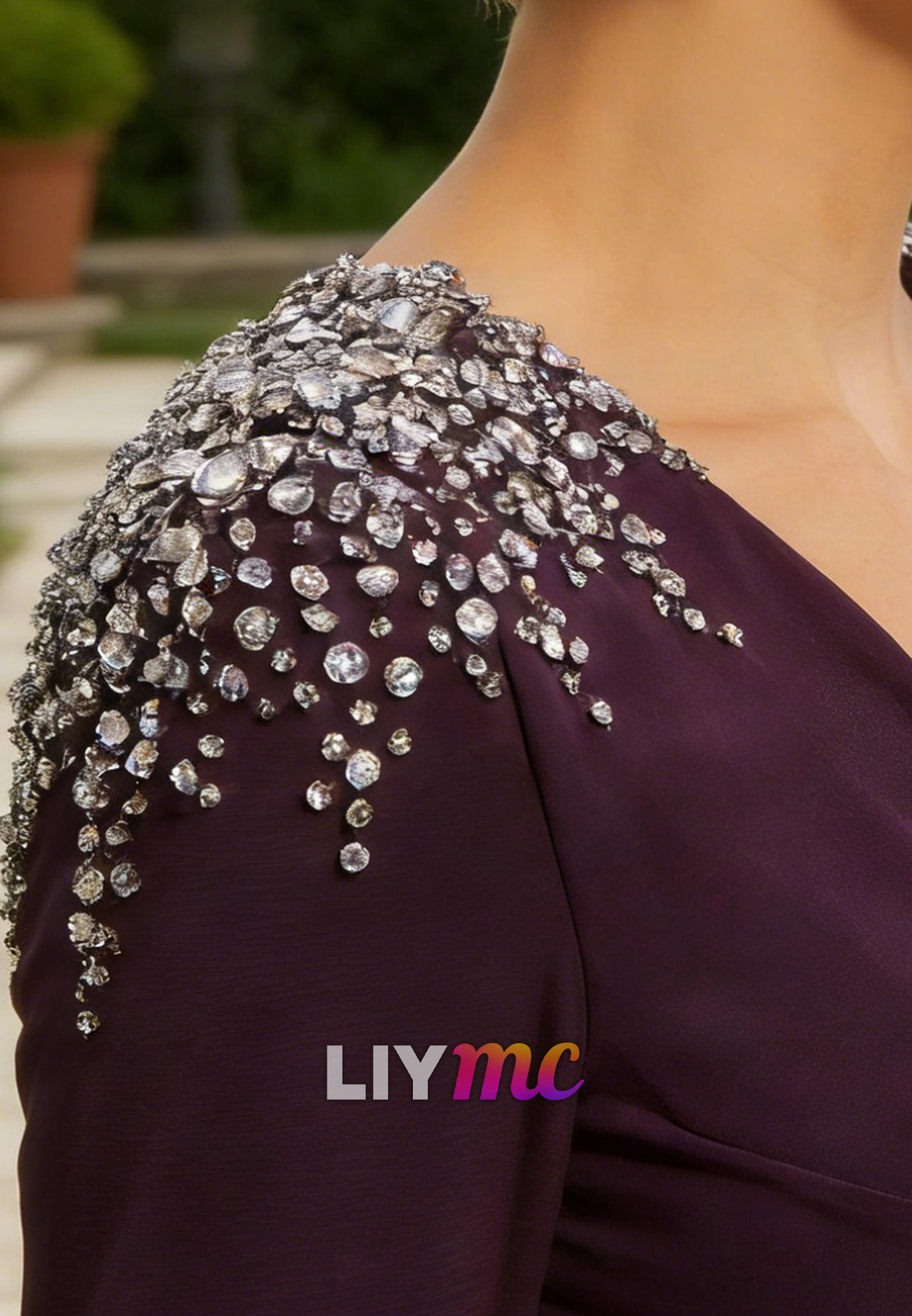 Purple Long Sleeve Gown with Cascading Ruffle & Rhinestone Shoulders Evening Dress