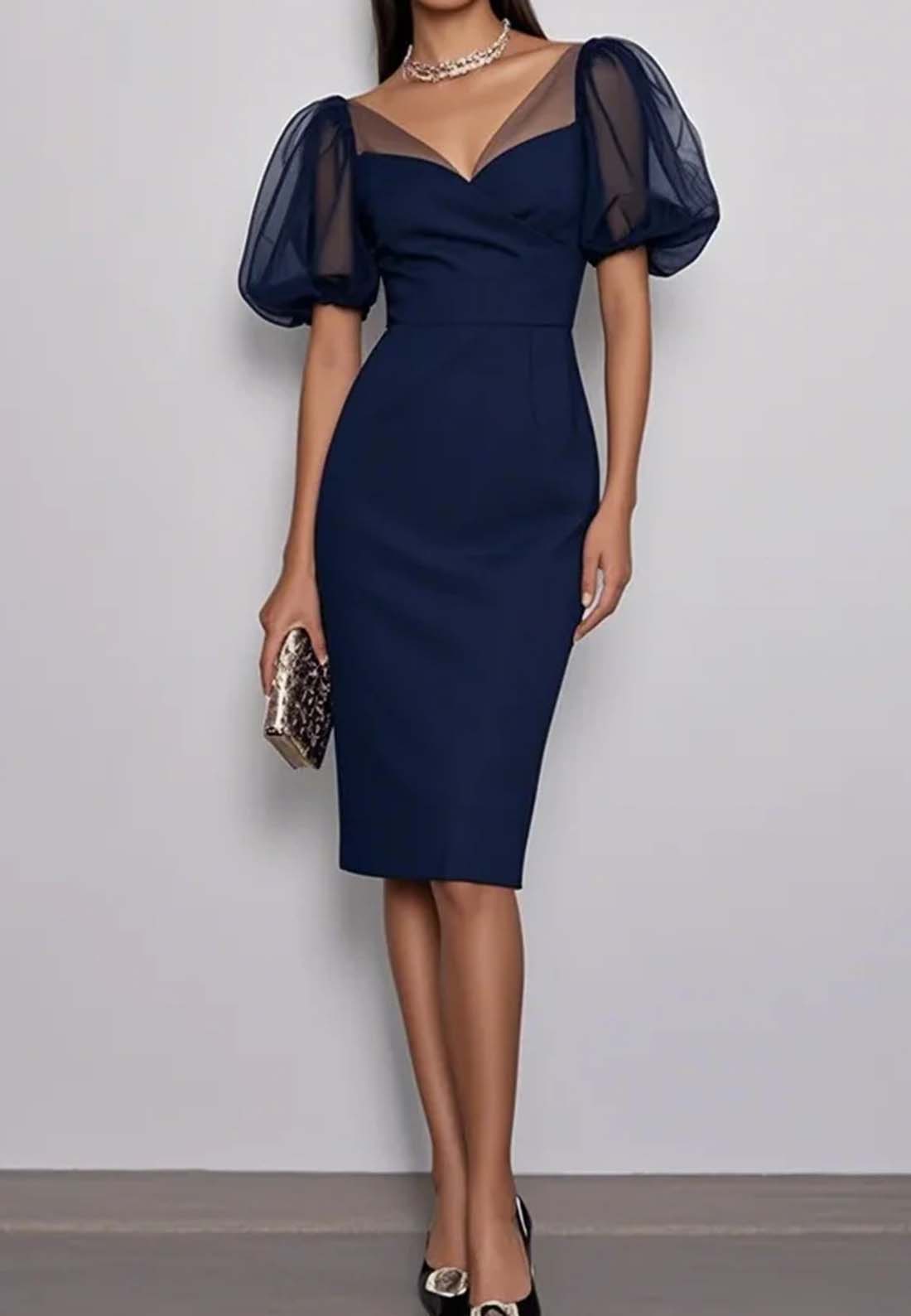 Purplish Blue V Neck Puff Sleeve Sheath Midi Dress