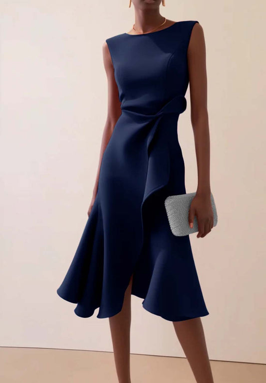 Purplish Blue Waist Twist Ruffled Sleeveless A-Line Midi Dress