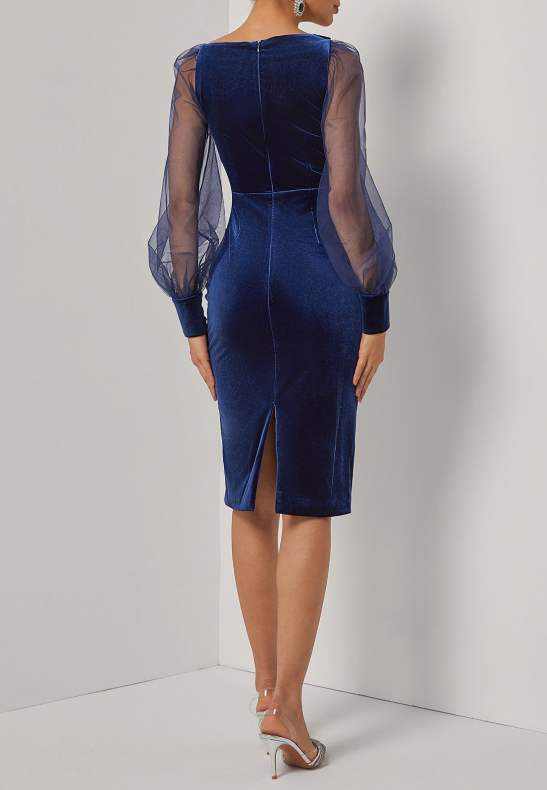 Purplish blue Split Joint Mesh Velvet Long Sleeve Balloon Sleeve Sheath Midi Dress