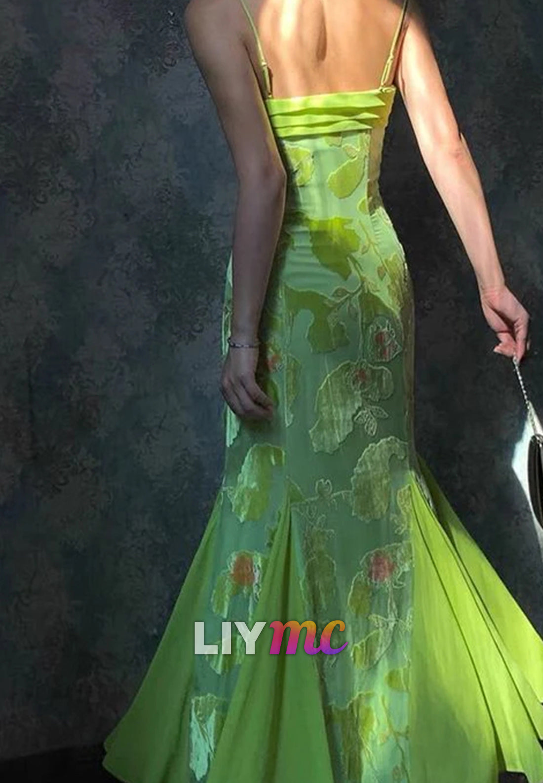 Gorgeous Spaghetti Straps Green Satin Print Floral Mermaid Party Dress Long Birthday Prom Dresses