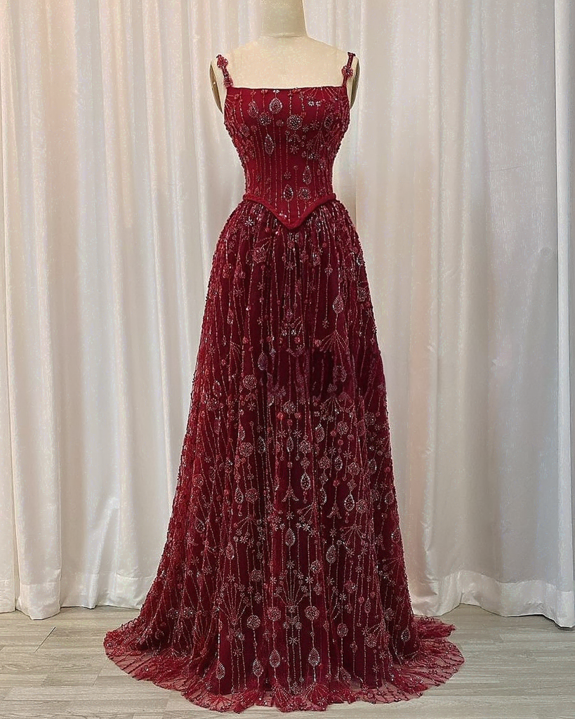 Square Straps Beaded Embroidery Sparkly A-Line Prom Dress