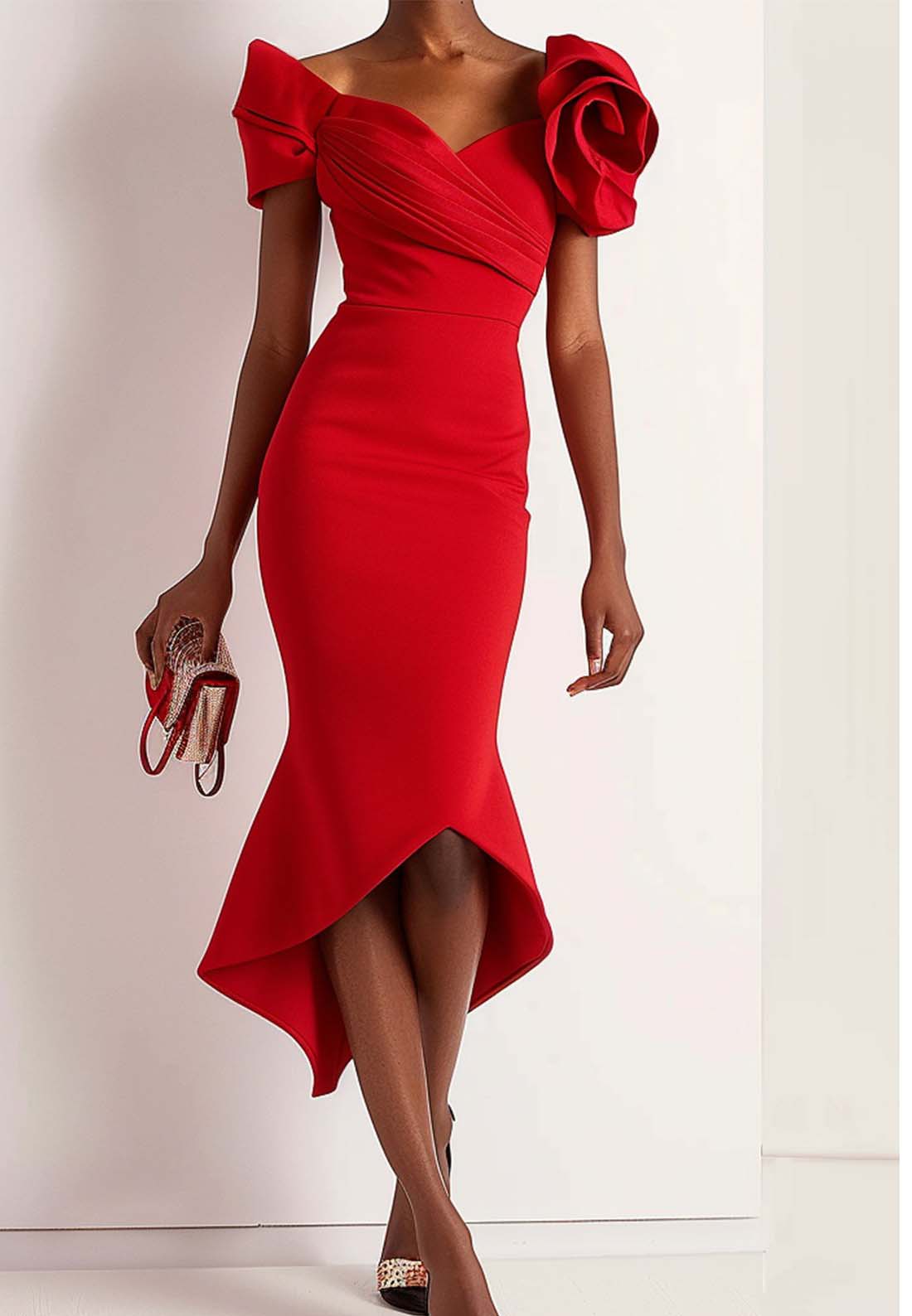 Red 3D Floral Off The Shoulder Mermaid Midi Dress