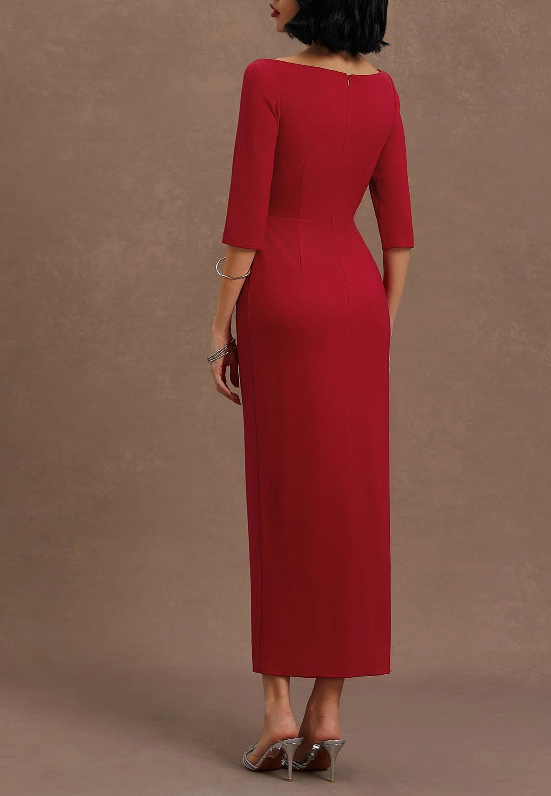 Red Ruched Off The Shoulder Half Sleeve Sheath Maxi Dress