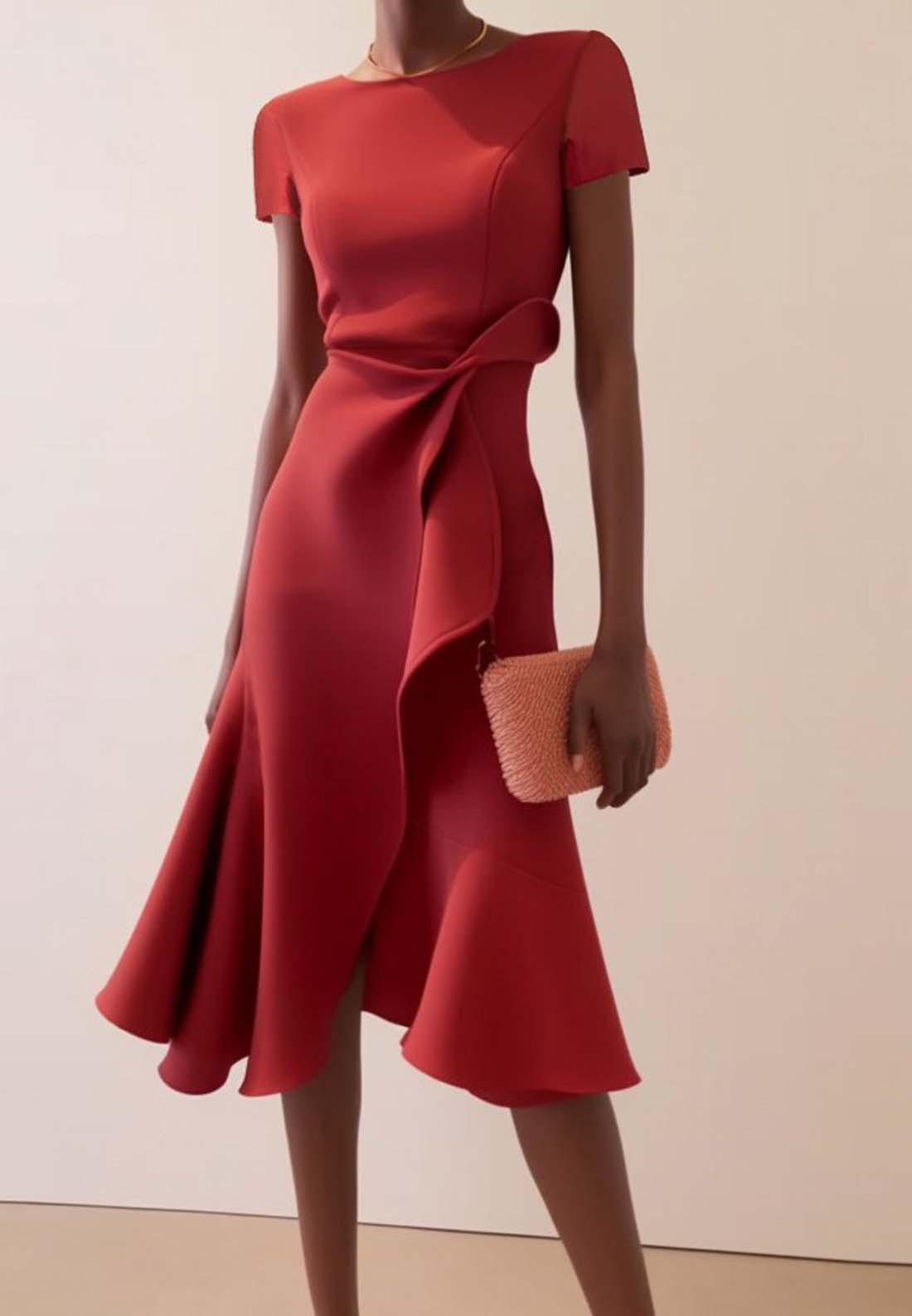 Red Ruffled Short Sleeve A-line Midi Dress