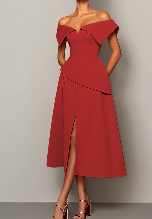 Red Slit Off The Shoulder A-Line Midi Dress