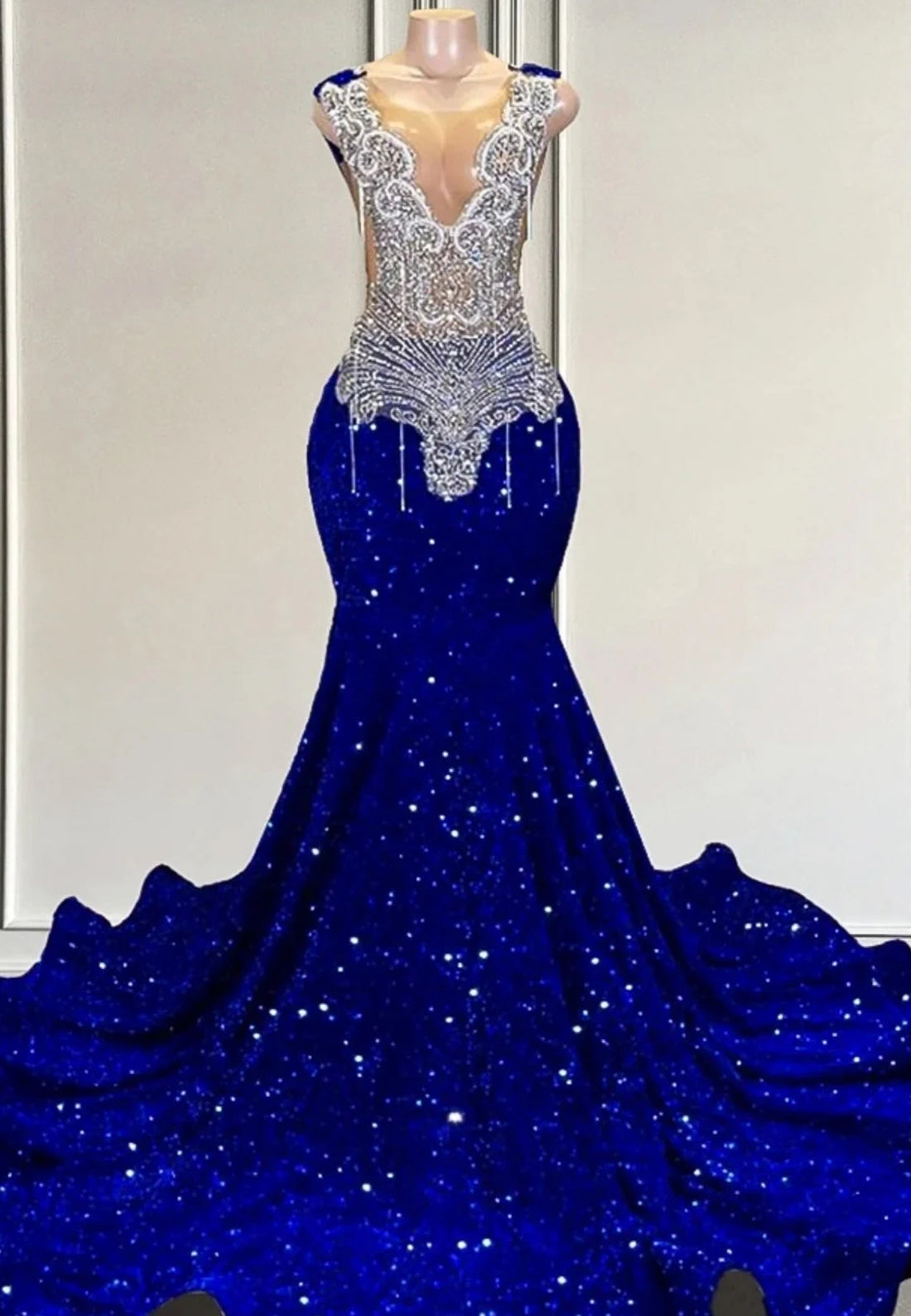 Royal Blue Sequins Beaded Sparkly Mermaid Prom Dress for Black Girls