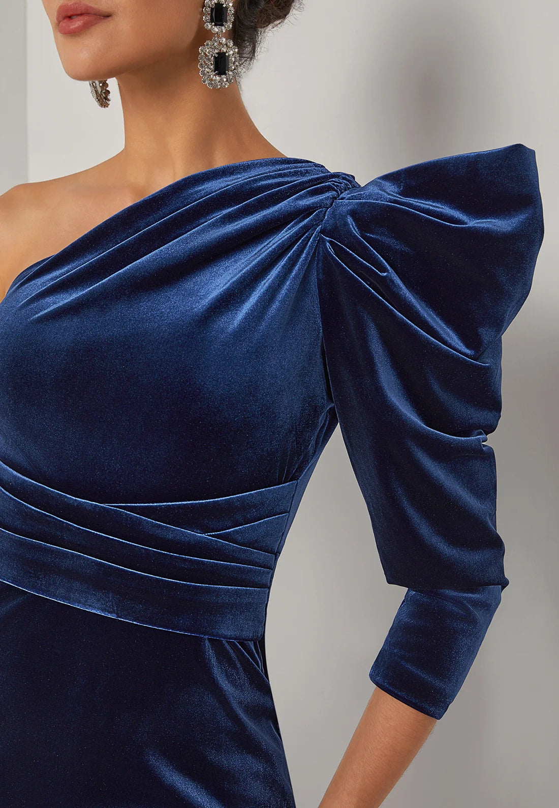Royal Blue Velvet One Shoulder Three Quarter Sleeve Sheath Midi Dress