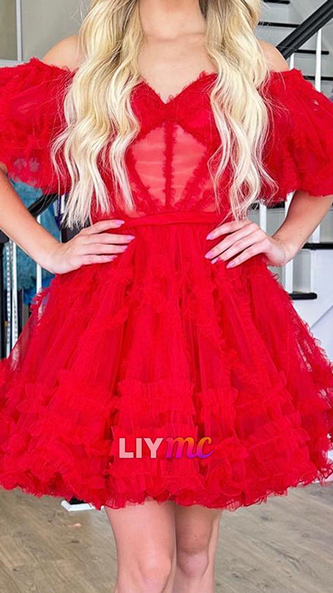 Off-Shoulder Puff Sleeves Sheer Tulle A-Line Short Homecoming Dress