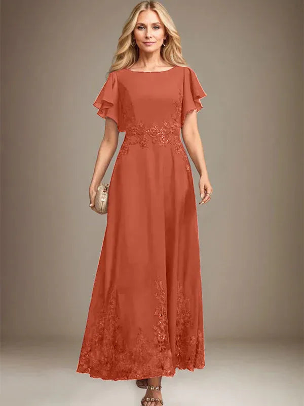 A-line Scoop Ankle-Length Lace Chiffon Mother of the Bride Dress With Sequins