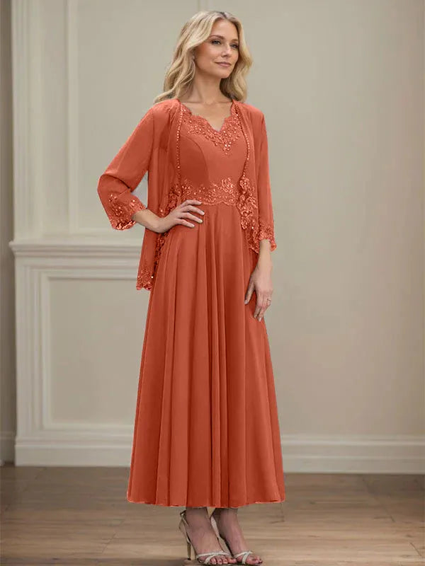 A-line V-Neck Ankle-Length Chiffon Mother of the Bride Dress With Sequins Appliques Lace Beading
