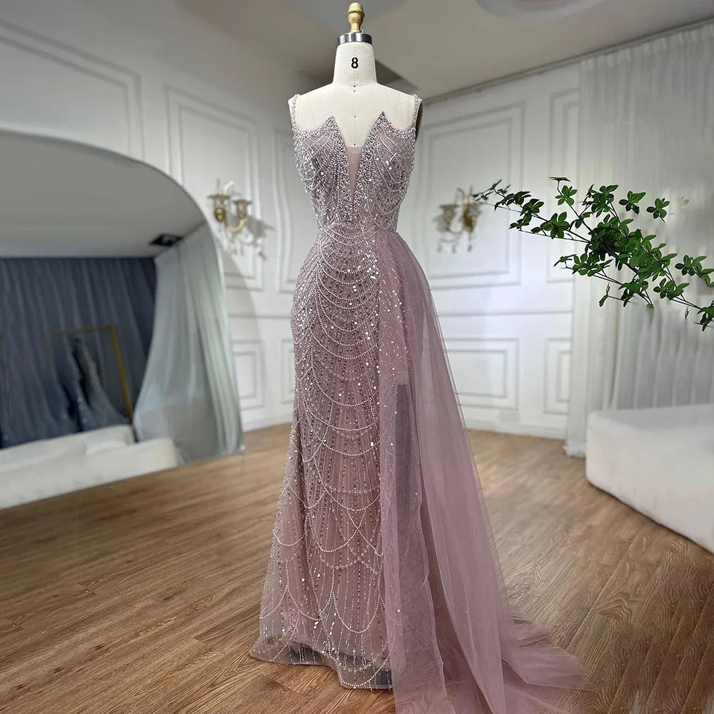 Nude Mermaid Spaghetti Straps Beaded Evening Gown