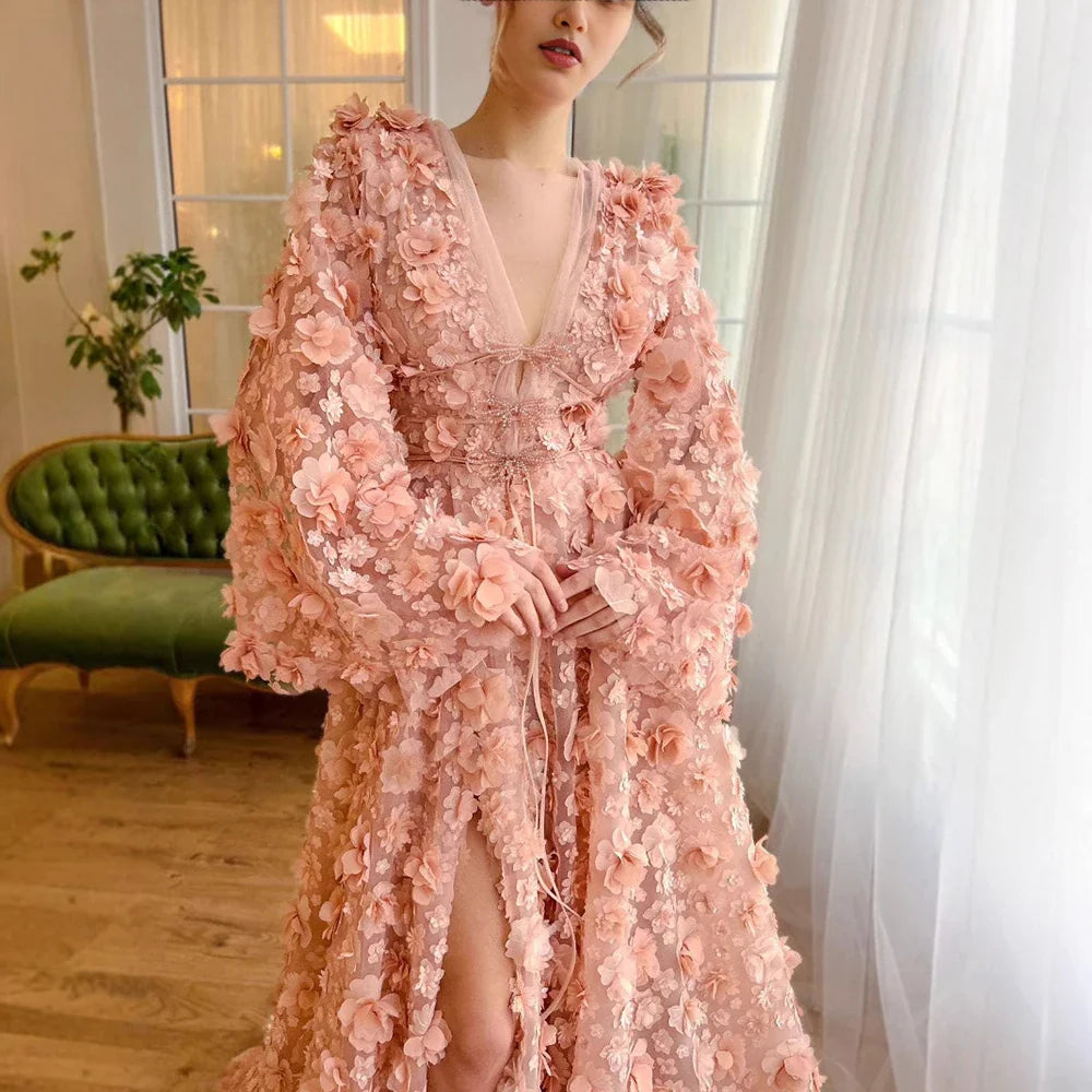 Blush Peach-Pink 3D Flowers Evening Dresses with Bell Long Sleeves