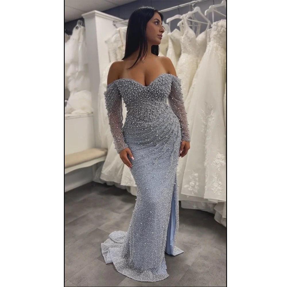 Luxury Dubai Blue Beaded Mermaid Evening Dresses Formal Party Gowns