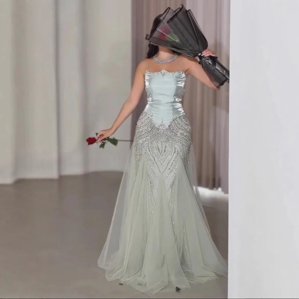 Luxury Sage Green Beaded Mermaid Evening Dress with Balloon Sleeves