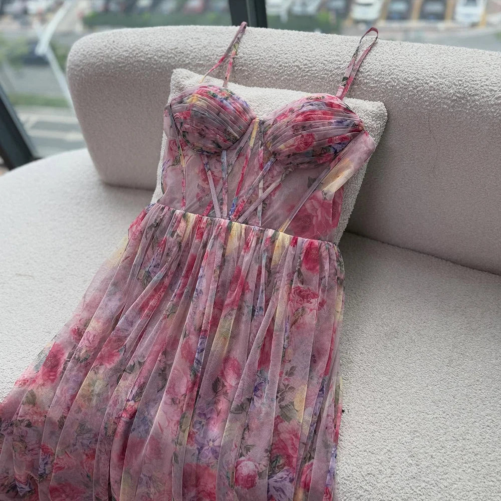 Pink A-Line Tulle Printed Ruffle Tiered Prom Dress