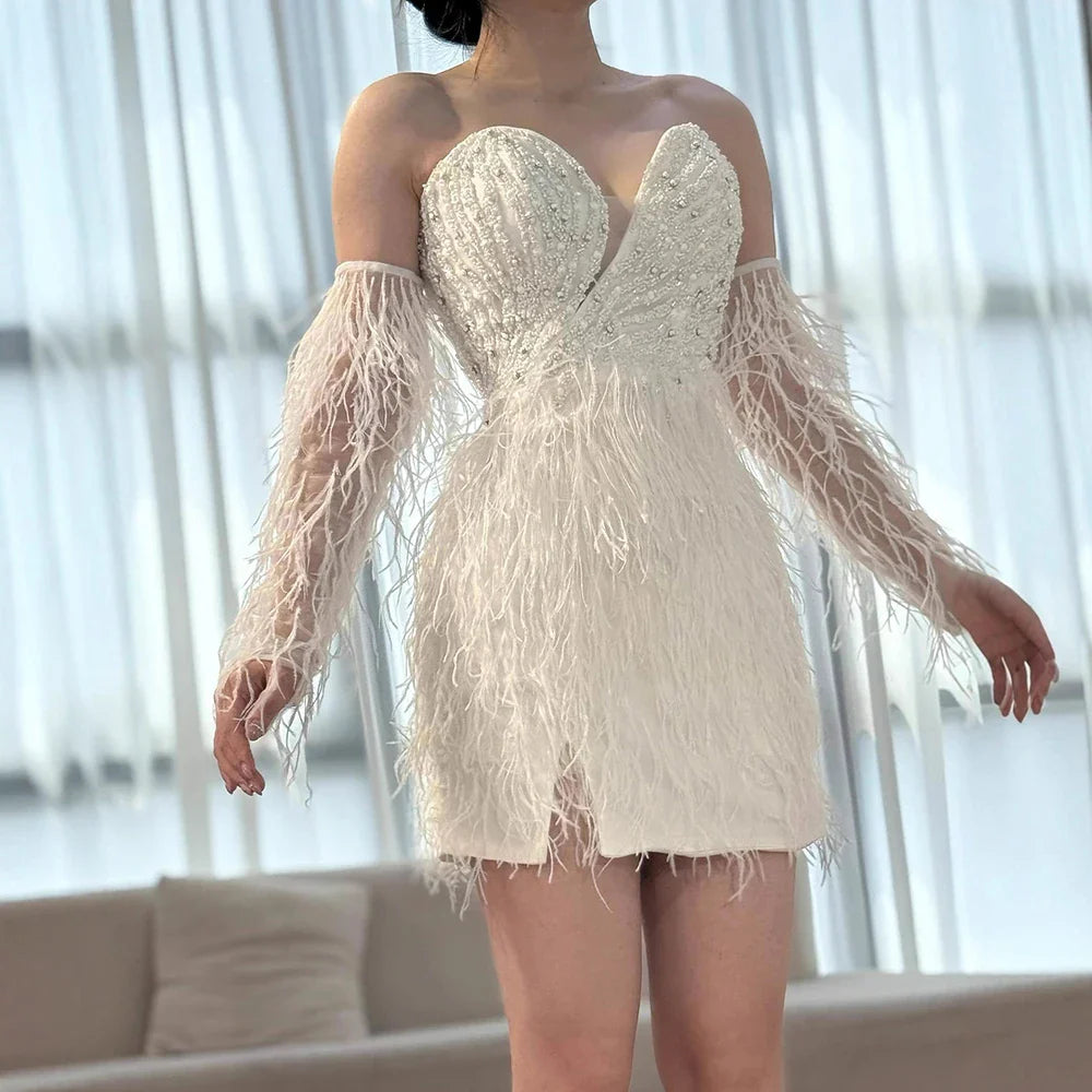 Luxury White Short Beaded Mermaid Feather Cocktail Dress
